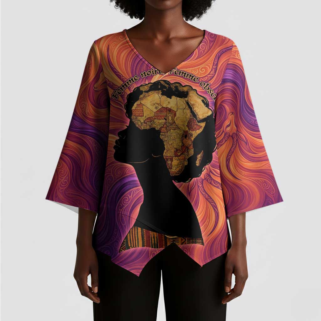 Léopold Sédar Senghor Kimono Sleeve Blouse Femme Noire Silhouette with Africa Map Pattern Vibrant Swirl Background - African Pride