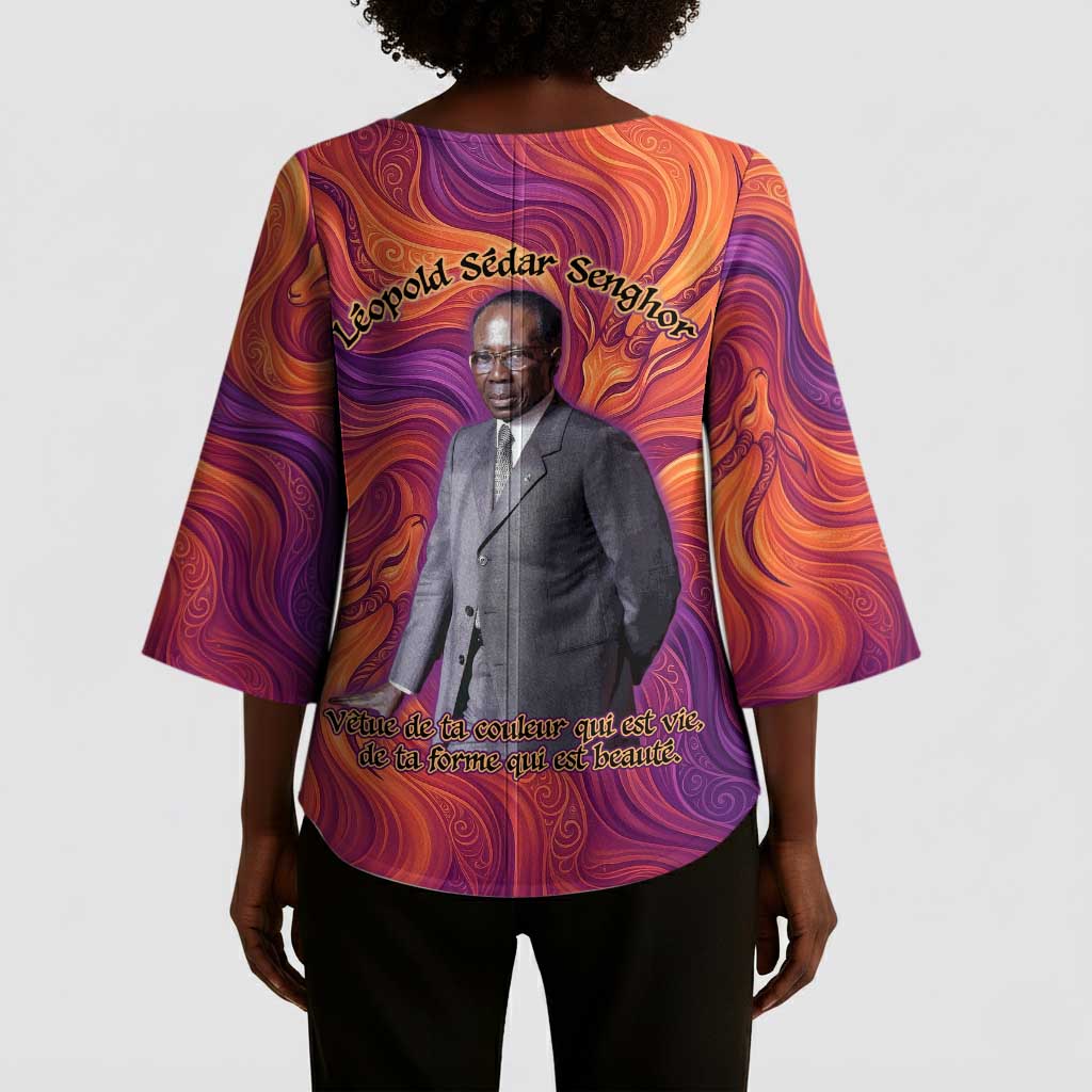 Léopold Sédar Senghor Kimono Sleeve Blouse Femme Noire Silhouette with Africa Map Pattern Vibrant Swirl Background - African Pride