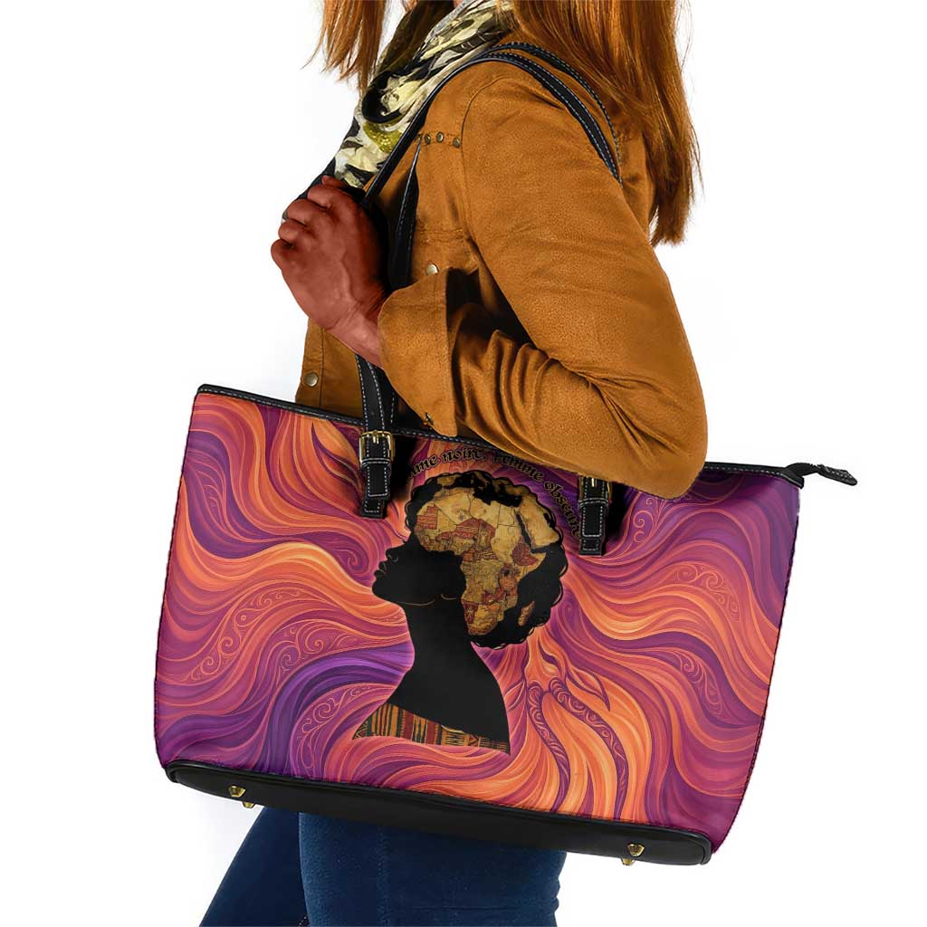 Léopold Sédar Senghor Leather Tote Bag Femme Noire Silhouette with Africa Map Pattern Vibrant Swirl Background - African Pride