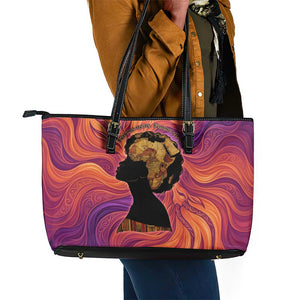 Léopold Sédar Senghor Leather Tote Bag Femme Noire Silhouette with Africa Map Pattern Vibrant Swirl Background - African Pride