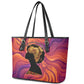 Léopold Sédar Senghor Leather Tote Bag Femme Noire Silhouette with Africa Map Pattern Vibrant Swirl Background - African Pride