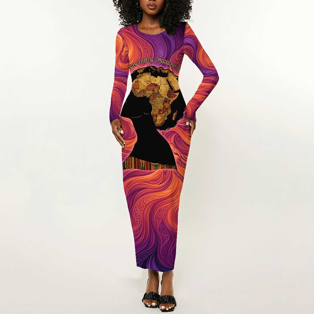 Léopold Sédar Senghor Long Sleeve Bodycon Dress Femme Noire Silhouette with Africa Map Pattern Vibrant Swirl Background - African Pride