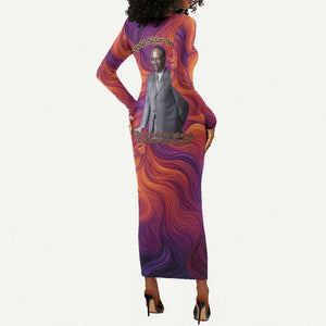 Léopold Sédar Senghor Long Sleeve Bodycon Dress Femme Noire Silhouette with Africa Map Pattern Vibrant Swirl Background - African Pride