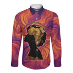 Léopold Sédar Senghor Long Sleeve Button Shirt Femme Noire Silhouette with Africa Map Pattern Vibrant Swirl Background - African Pride