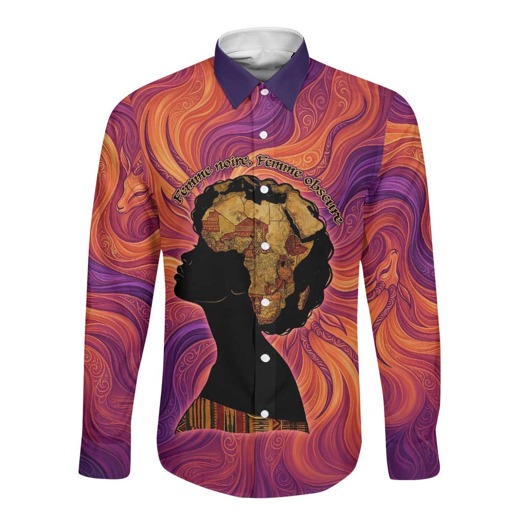 Léopold Sédar Senghor Long Sleeve Button Shirt Femme Noire Silhouette with Africa Map Pattern Vibrant Swirl Background - African Pride