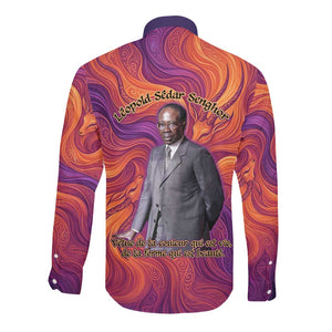 Léopold Sédar Senghor Long Sleeve Button Shirt Femme Noire Silhouette with Africa Map Pattern Vibrant Swirl Background - African Pride