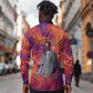 Léopold Sédar Senghor Long Sleeve Button Shirt Femme Noire Silhouette with Africa Map Pattern Vibrant Swirl Background - African Pride