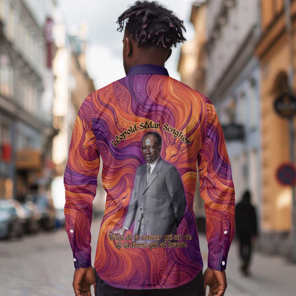 Léopold Sédar Senghor Long Sleeve Button Shirt Femme Noire Silhouette with Africa Map Pattern Vibrant Swirl Background - African Pride