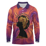 Léopold Sédar Senghor Long Sleeve Polo Shirt Femme Noire Silhouette with Africa Map Pattern Vibrant Swirl Background - African Pride