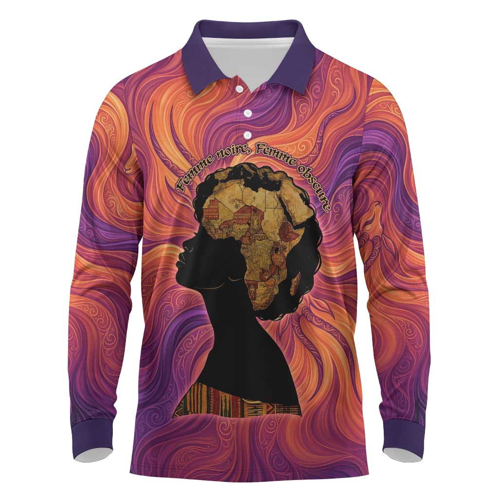 Léopold Sédar Senghor Long Sleeve Polo Shirt Femme Noire Silhouette with Africa Map Pattern Vibrant Swirl Background - African Pride