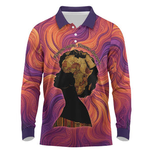 Léopold Sédar Senghor Long Sleeve Polo Shirt Femme Noire Silhouette with Africa Map Pattern Vibrant Swirl Background - African Pride