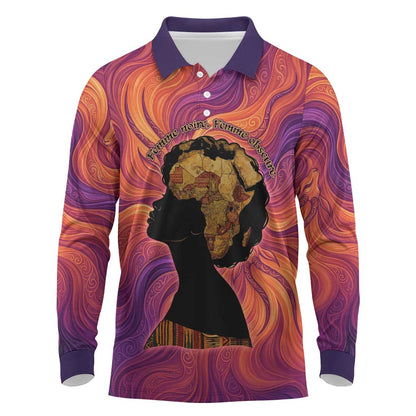 Léopold Sédar Senghor Long Sleeve Polo Shirt Femme Noire Silhouette with Africa Map Pattern Vibrant Swirl Background - African Pride