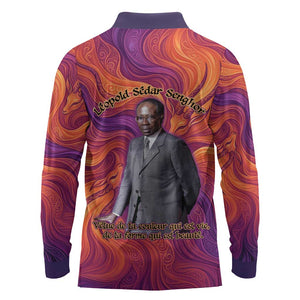 Léopold Sédar Senghor Long Sleeve Polo Shirt Femme Noire Silhouette with Africa Map Pattern Vibrant Swirl Background - African Pride