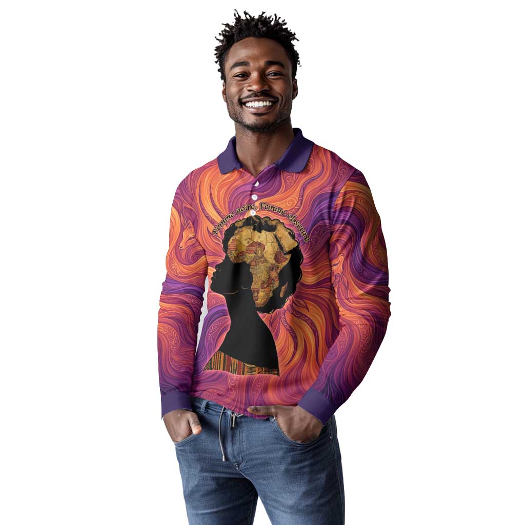Léopold Sédar Senghor Long Sleeve Polo Shirt Femme Noire Silhouette with Africa Map Pattern Vibrant Swirl Background - African Pride