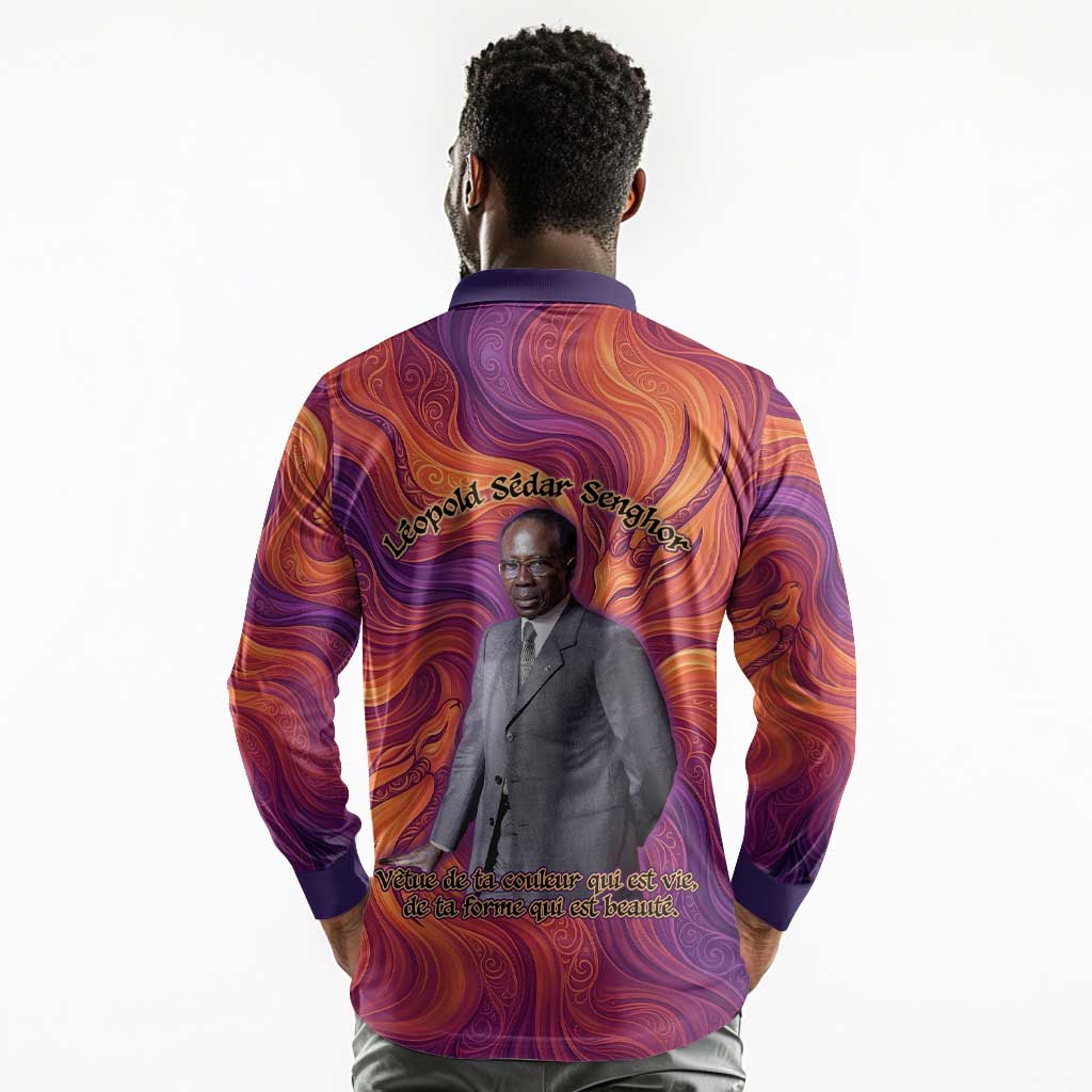 Léopold Sédar Senghor Long Sleeve Polo Shirt Femme Noire Silhouette with Africa Map Pattern Vibrant Swirl Background - African Pride