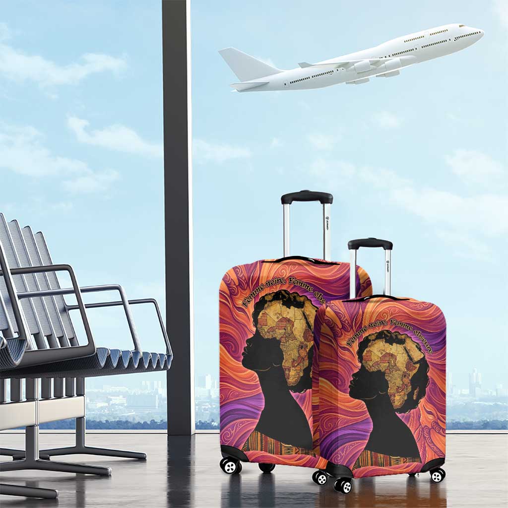 Léopold Sédar Senghor Luggage Cover Femme Noire Silhouette with Africa Map Pattern Vibrant Swirl Background - African Pride