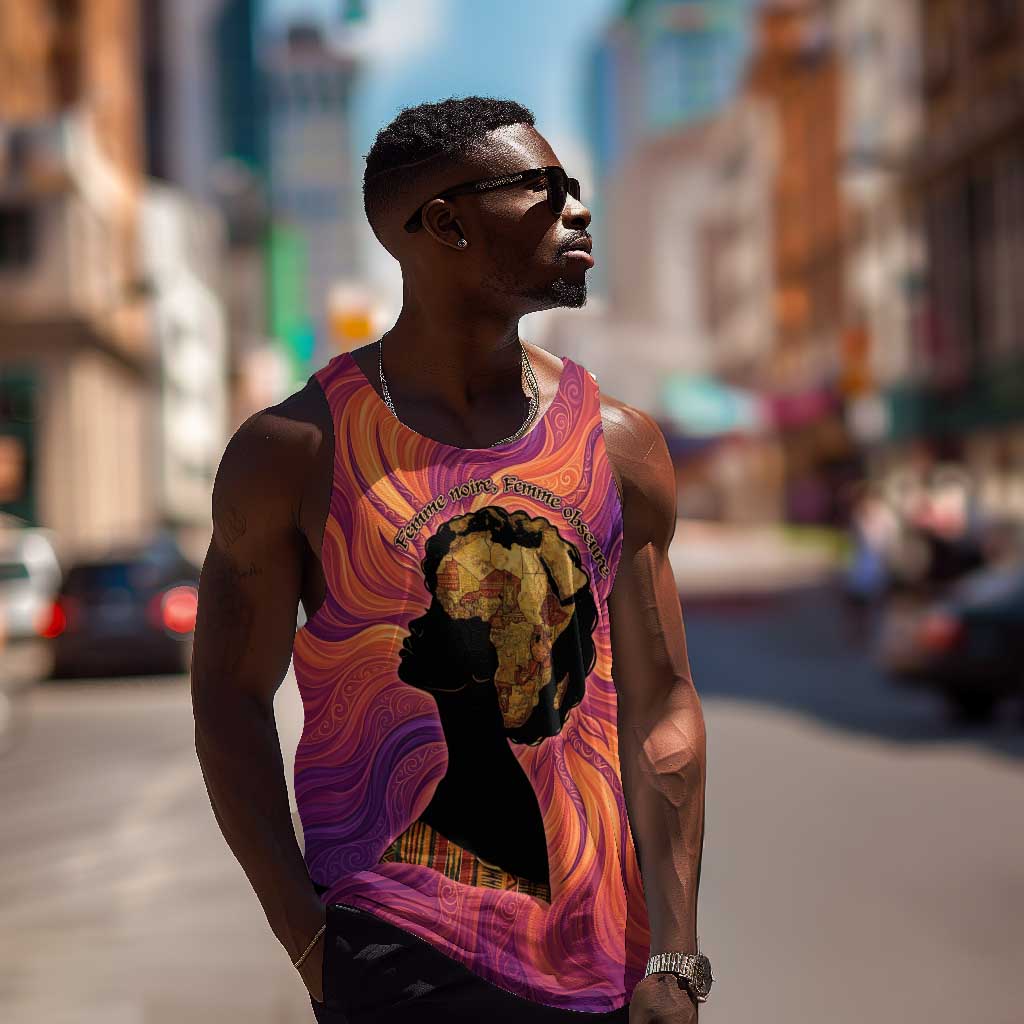 Léopold Sédar Senghor Men Tank Top Femme Noire Silhouette with Africa Map Pattern Vibrant Swirl Background - African Pride