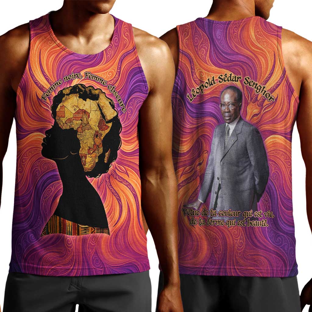 Léopold Sédar Senghor Men Tank Top Femme Noire Silhouette with Africa Map Pattern Vibrant Swirl Background - African Pride