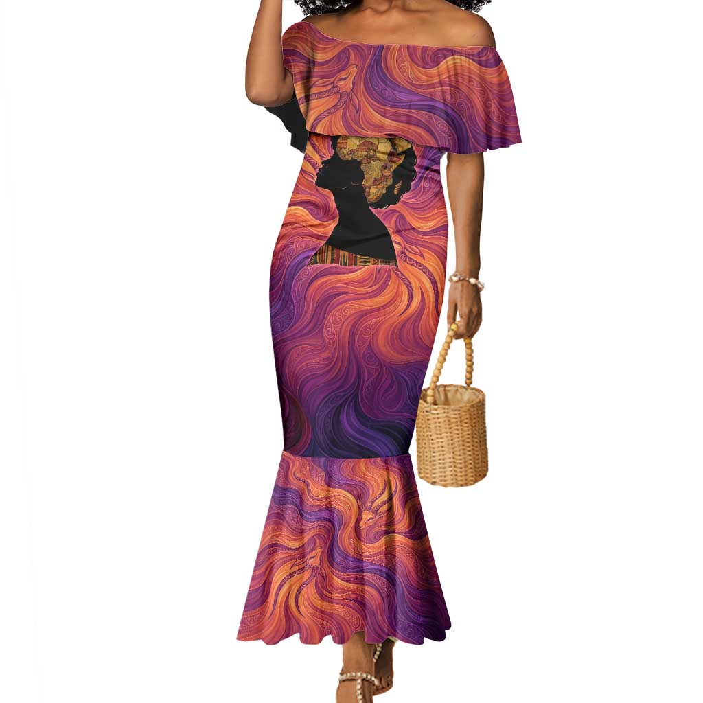 Léopold Sédar Senghor Mermaid Dress Femme Noire Silhouette with Africa Map Pattern Vibrant Swirl Background - African Pride