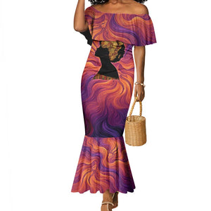 Léopold Sédar Senghor Mermaid Dress Femme Noire Silhouette with Africa Map Pattern Vibrant Swirl Background - African Pride