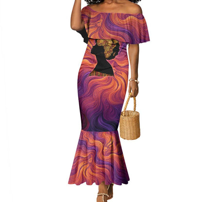 Léopold Sédar Senghor Mermaid Dress Femme Noire Silhouette with Africa Map Pattern Vibrant Swirl Background - African Pride