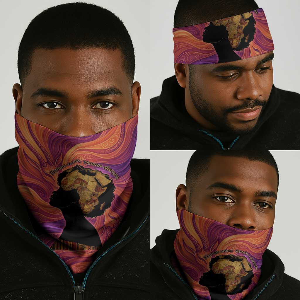 Léopold Sédar Senghor Neck Gaiter Femme Noire Silhouette with Africa Map Pattern Vibrant Swirl Background - African Pride