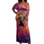 Léopold Sédar Senghor Off Shoulder Maxi Dress Femme Noire Silhouette with Africa Map Pattern Vibrant Swirl Background - African Pride
