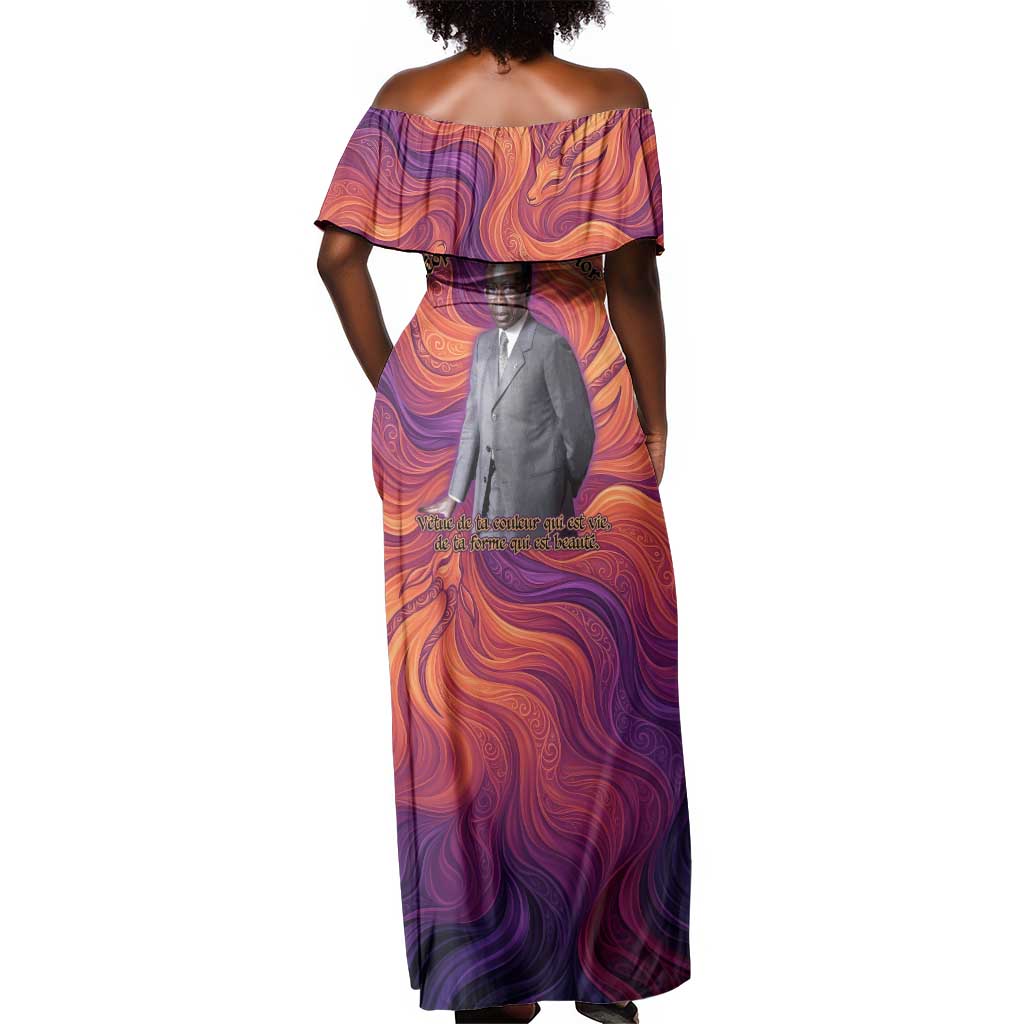 Léopold Sédar Senghor Off Shoulder Maxi Dress Femme Noire Silhouette with Africa Map Pattern Vibrant Swirl Background - African Pride