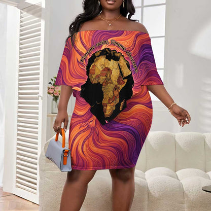 Léopold Sédar Senghor Off Shoulder Short Dress Femme Noire Silhouette with Africa Map Pattern Vibrant Swirl Background - African Pride