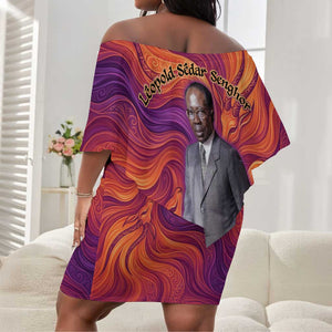 Léopold Sédar Senghor Off Shoulder Short Dress Femme Noire Silhouette with Africa Map Pattern Vibrant Swirl Background - African Pride