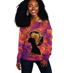 Léopold Sédar Senghor Off Shoulder Sweater Femme Noire Silhouette with Africa Map Pattern Vibrant Swirl Background - African Pride