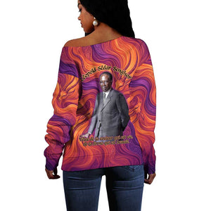 Léopold Sédar Senghor Off Shoulder Sweater Femme Noire Silhouette with Africa Map Pattern Vibrant Swirl Background - African Pride