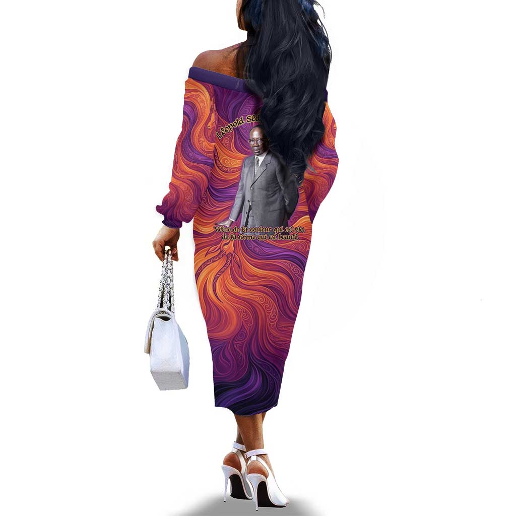 Léopold Sédar Senghor Off The Shoulder Long Sleeve Dress Femme Noire Silhouette with Africa Map Pattern Vibrant Swirl Background - African Pride