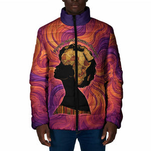 Léopold Sédar Senghor Padded Jacket Femme Noire Silhouette with Africa Map Pattern Vibrant Swirl Background - African Pride