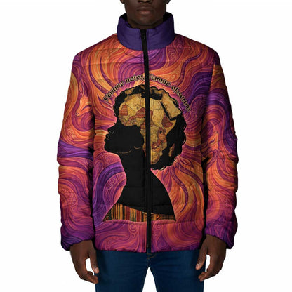 Léopold Sédar Senghor Padded Jacket Femme Noire Silhouette with Africa Map Pattern Vibrant Swirl Background - African Pride