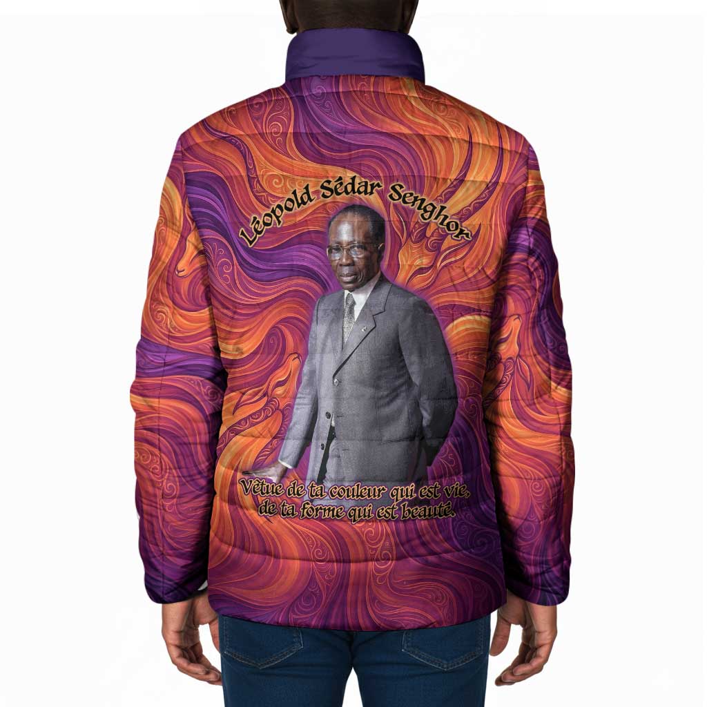 Léopold Sédar Senghor Padded Jacket Femme Noire Silhouette with Africa Map Pattern Vibrant Swirl Background - African Pride