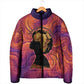 Léopold Sédar Senghor Padded Jacket Femme Noire Silhouette with Africa Map Pattern Vibrant Swirl Background - African Pride