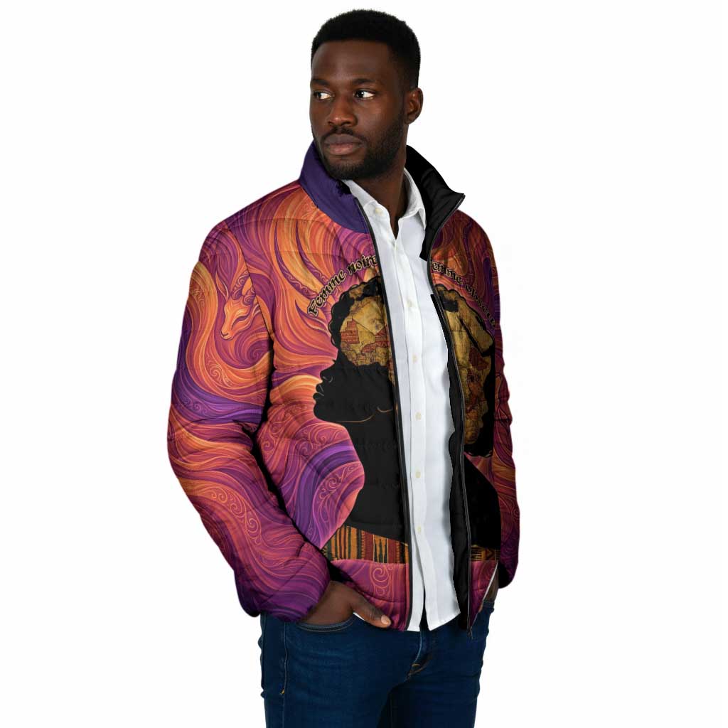 Léopold Sédar Senghor Padded Jacket Femme Noire Silhouette with Africa Map Pattern Vibrant Swirl Background - African Pride