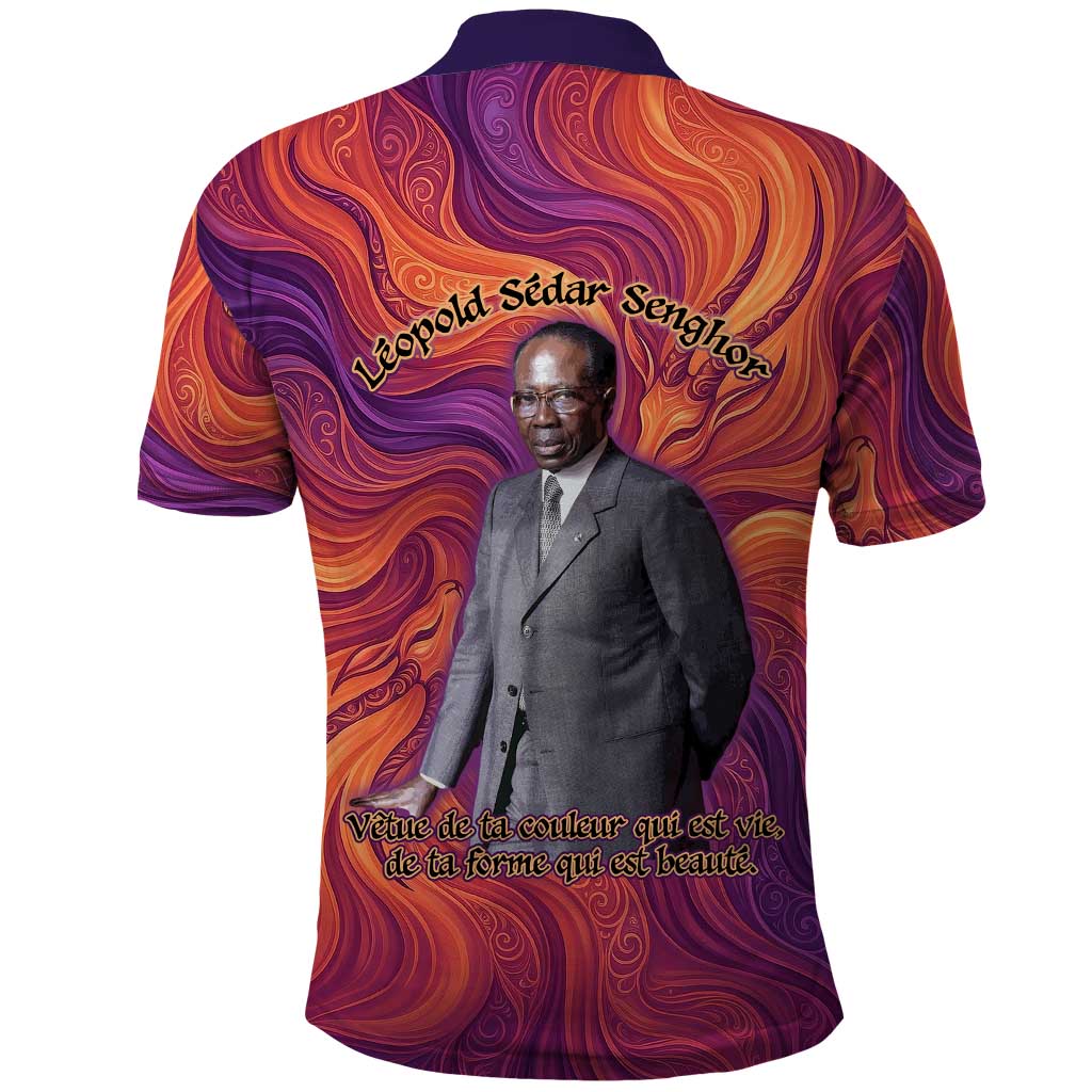 Léopold Sédar Senghor Polo Shirt Femme Noire Silhouette with Africa Map Pattern Vibrant Swirl Background - African Pride