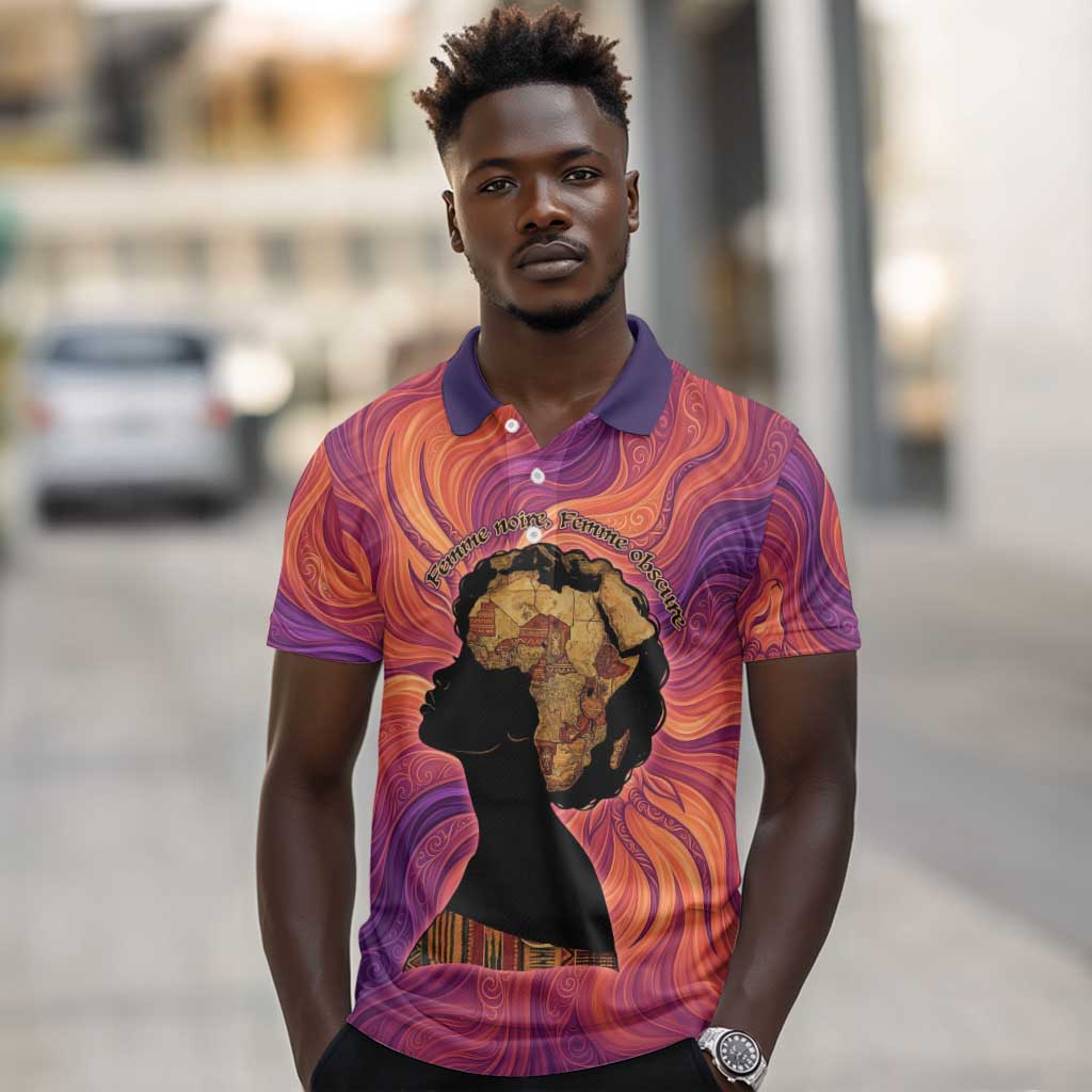 Léopold Sédar Senghor Polo Shirt Femme Noire Silhouette with Africa Map Pattern Vibrant Swirl Background - African Pride