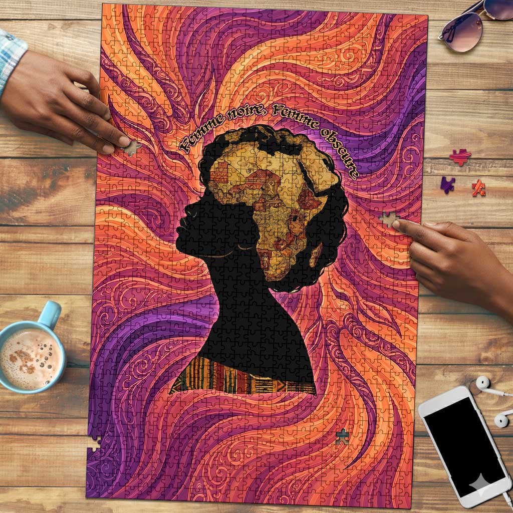 Léopold Sédar Senghor Puzzle Femme Noire Silhouette with Africa Map Pattern Vibrant Swirl Background - African Pride
