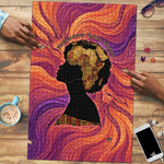 Léopold Sédar Senghor Puzzle Femme Noire Silhouette with Africa Map Pattern Vibrant Swirl Background - African Pride
