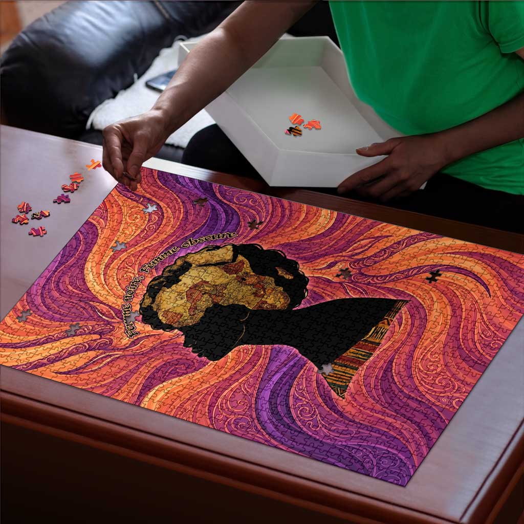 Léopold Sédar Senghor Puzzle Femme Noire Silhouette with Africa Map Pattern Vibrant Swirl Background - African Pride