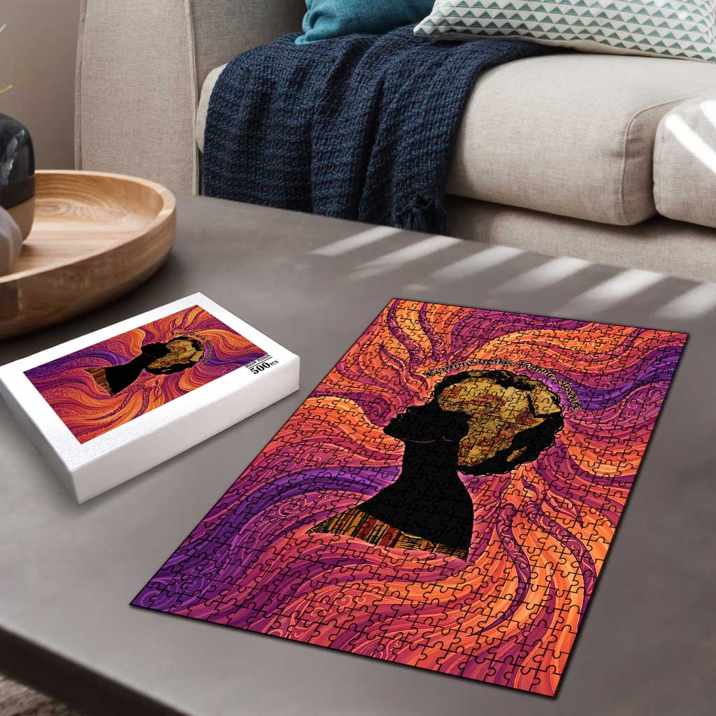 Léopold Sédar Senghor Puzzle Femme Noire Silhouette with Africa Map Pattern Vibrant Swirl Background - African Pride