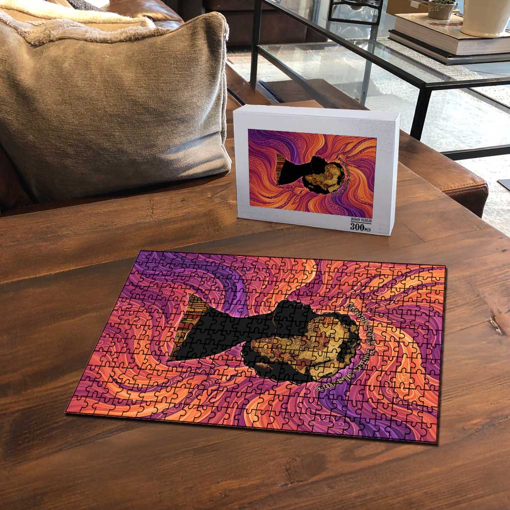 Léopold Sédar Senghor Puzzle Femme Noire Silhouette with Africa Map Pattern Vibrant Swirl Background - African Pride