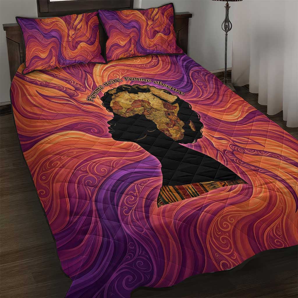 Léopold Sédar Senghor Quilt Bed Set Femme Noire Silhouette with Africa Map Pattern Vibrant Swirl Background - African Pride
