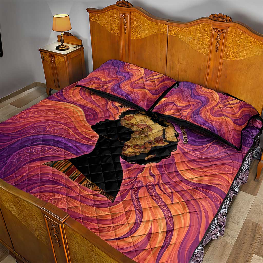 Léopold Sédar Senghor Quilt Bed Set Femme Noire Silhouette with Africa Map Pattern Vibrant Swirl Background - African Pride