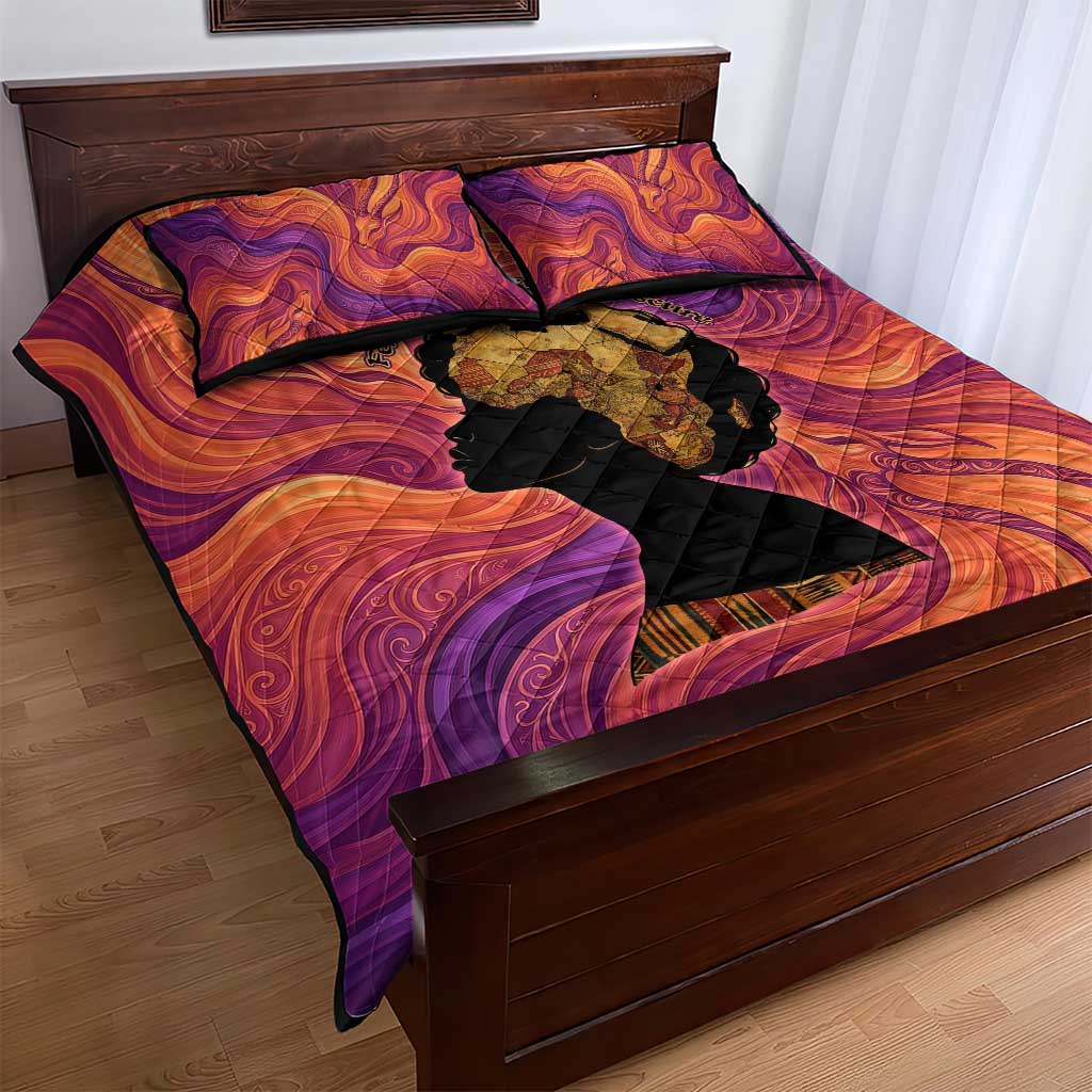 Léopold Sédar Senghor Quilt Bed Set Femme Noire Silhouette with Africa Map Pattern Vibrant Swirl Background - African Pride