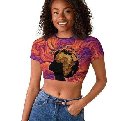 Léopold Sédar Senghor Raglan Cropped T shirt Femme Noire Silhouette with Africa Map Pattern Vibrant Swirl Background - African Pride