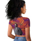 Léopold Sédar Senghor Raglan Cropped T shirt Femme Noire Silhouette with Africa Map Pattern Vibrant Swirl Background - African Pride